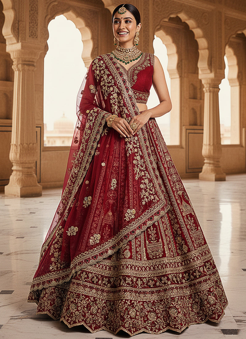 Silk Maroon Wedding Wear Embroidery Work Lehenga Choli 385811