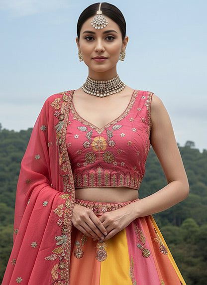 Silk Multi Color Wedding Wear Embroidery Work Lehenga Choli 385812