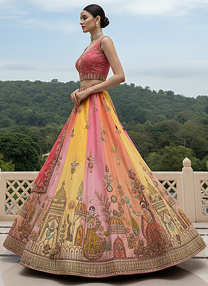 Silk Multi Color Wedding Wear Embroidery Work Lehenga Choli 385812