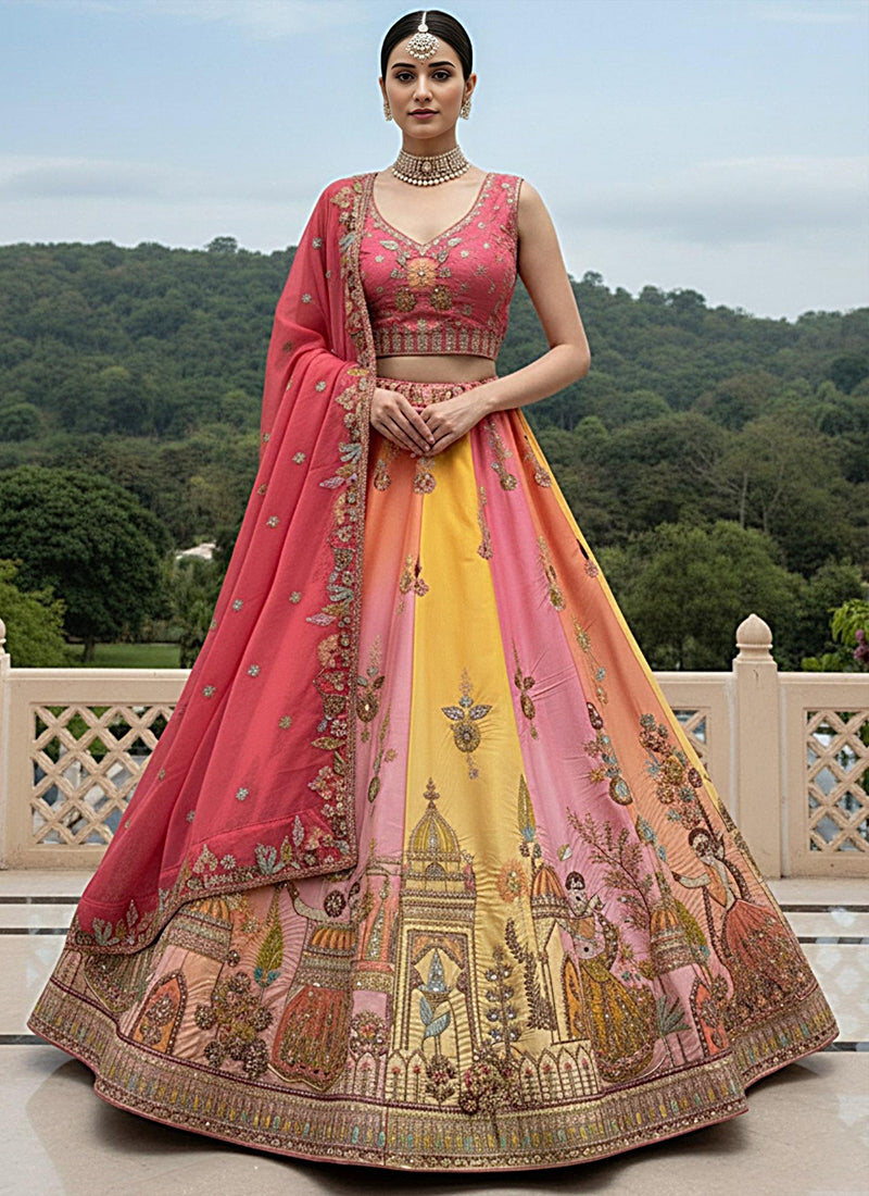 Silk Multi Color Wedding Wear Embroidery Work Lehenga Choli 385812