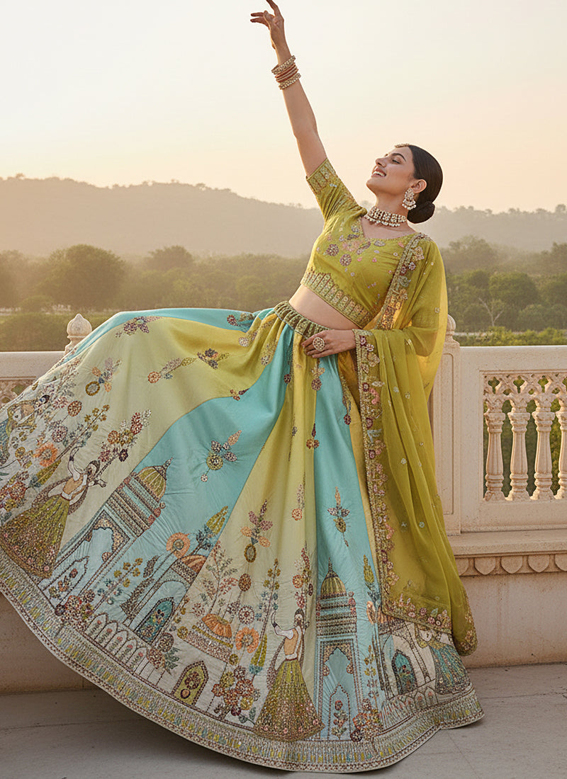 Silk Multi Color Wedding Wear Embroidery Work Lehenga Choli 385813