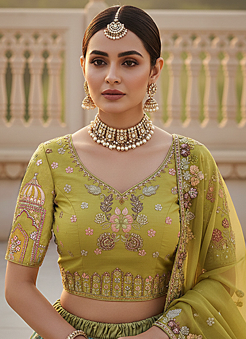 Silk Multi Color Wedding Wear Embroidery Work Lehenga Choli 385813