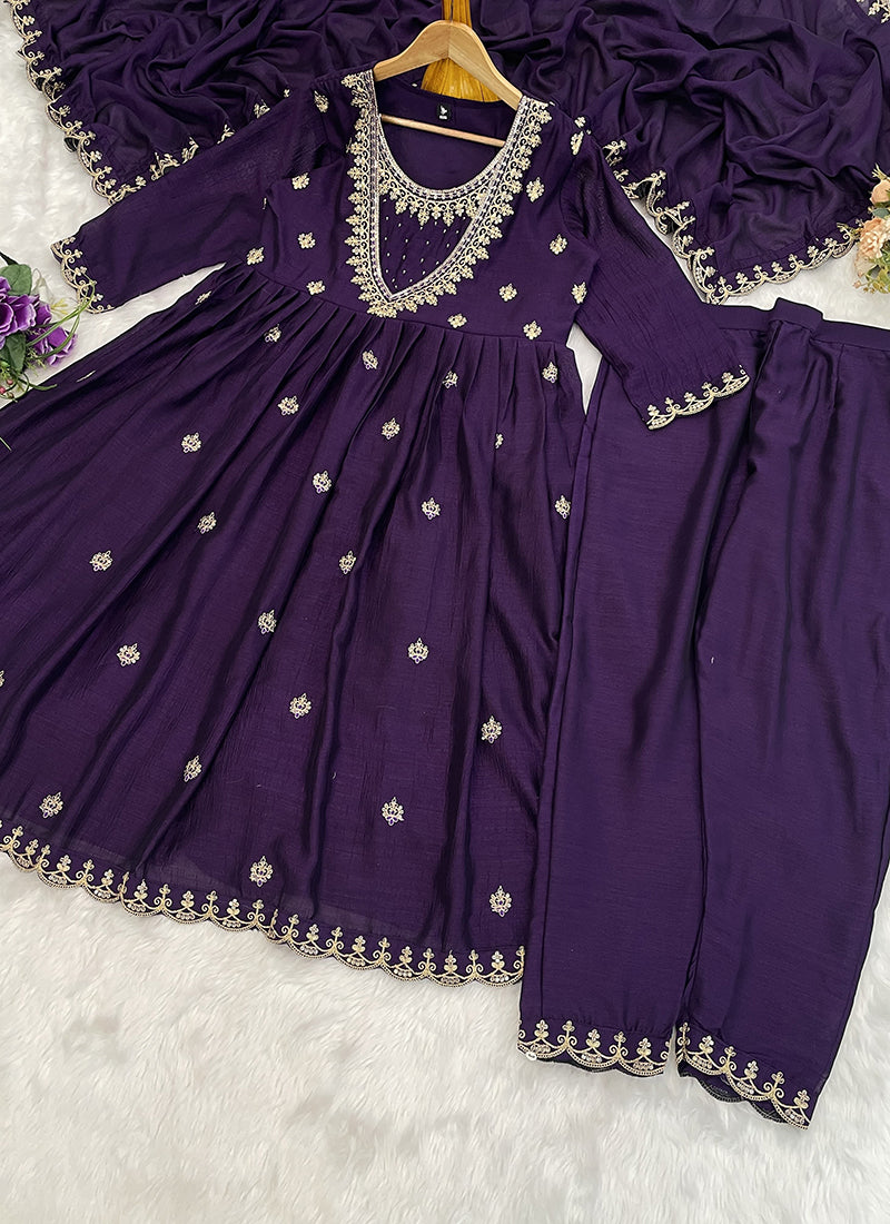 Vichitra Silk Violet Festival Wear Sequins Work Readymade Anarkali Suit 386902