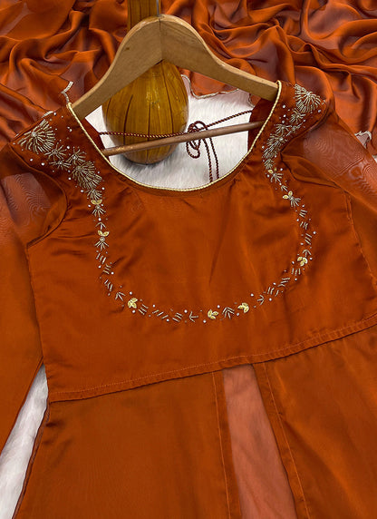 Silk Rust Orange Party Wear Embroidery Work Readymade Western Suit 386897