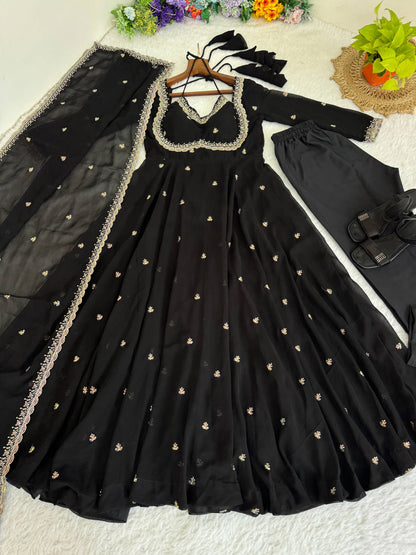 Faux Georgette Black Festival Wear Embroidery Work Readymade Anarkali Gown 385966