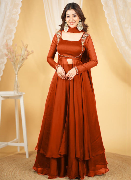 Silk Rust Orange Party Wear Embroidery Work Readymade Western Suit 386897