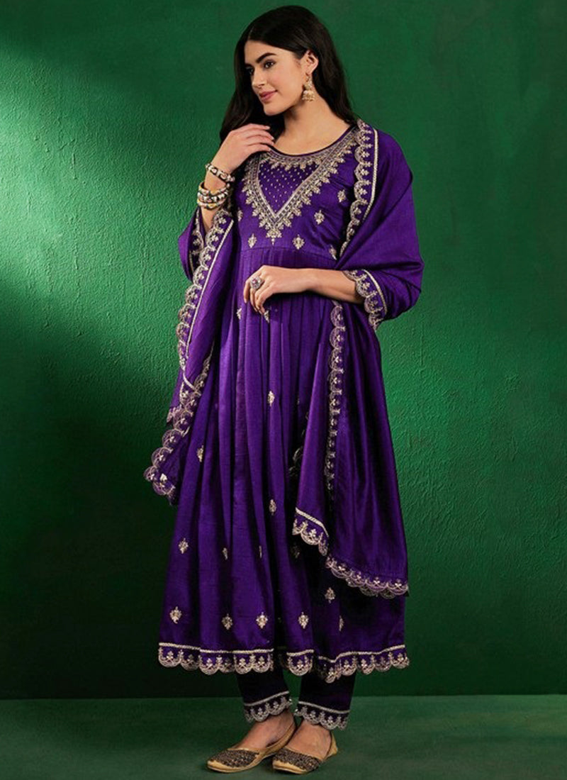 Vichitra Silk Violet Festival Wear Sequins Work Readymade Anarkali Suit 386902