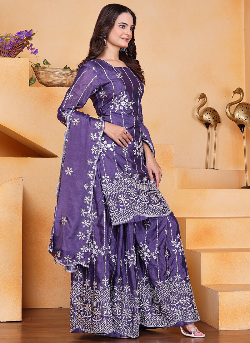 Chinon Purple Wedding Wear Embroidery Work Readymade Plazzo Suit 387669