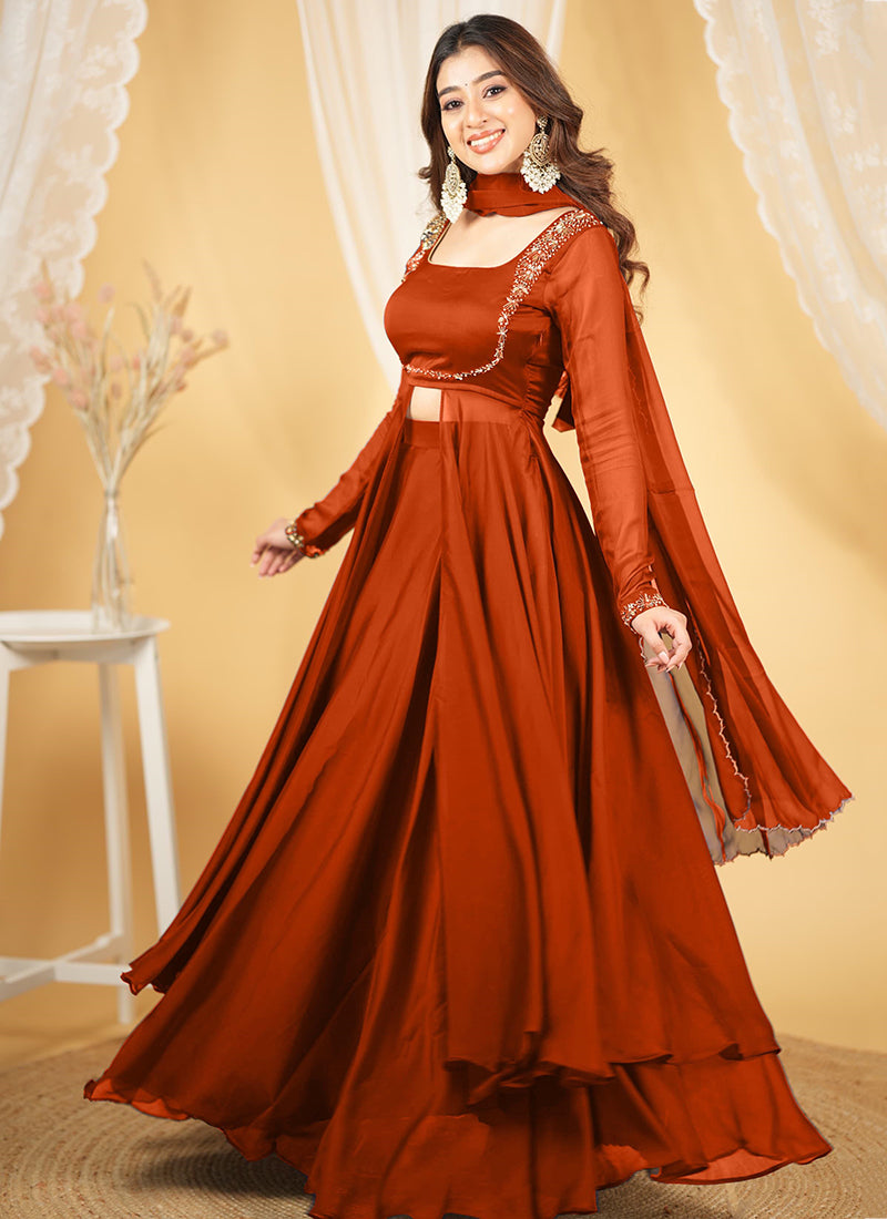 Silk Rust Orange Party Wear Embroidery Work Readymade Western Suit 386897