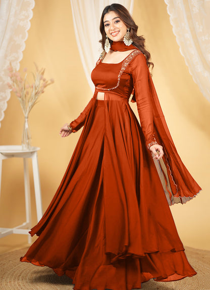Silk Rust Orange Party Wear Embroidery Work Readymade Western Suit 386897
