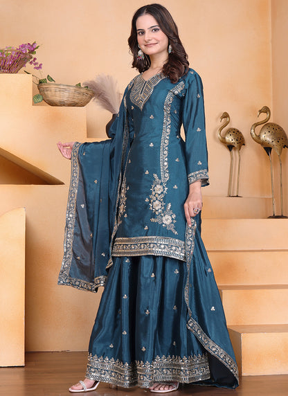 Chinon Teal Blue Wedding Wear Embroidery Work Readymade Plazzo Suit 387668