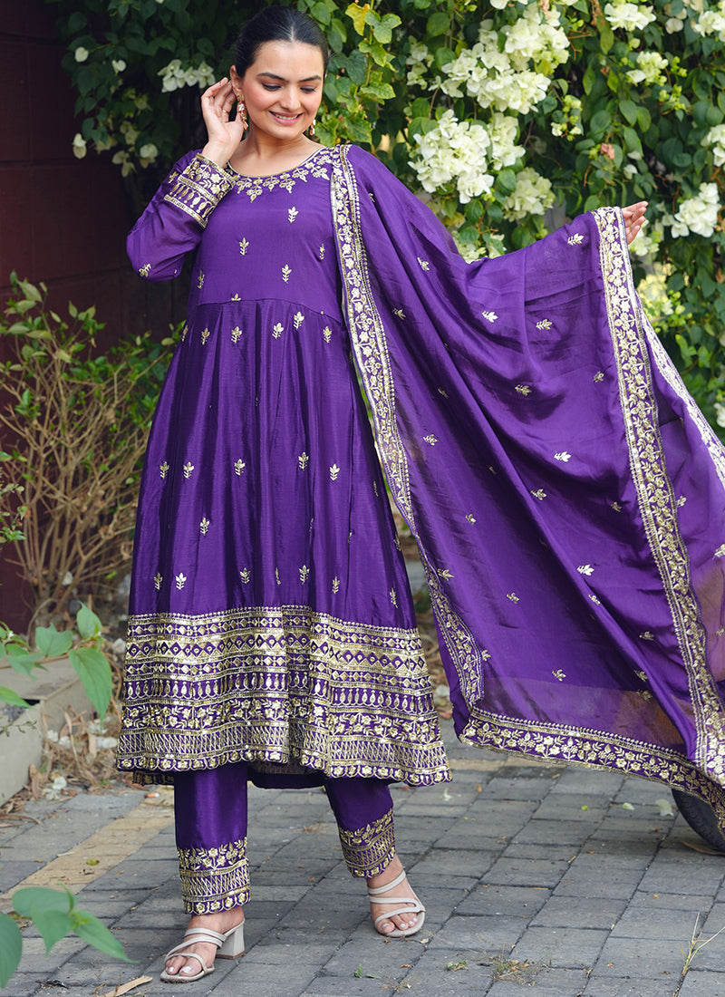 Chinon Violet Festival Wear Sequin Embroidery Work Readymade Anarkali Suit 386385