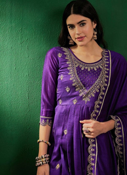 Vichitra Silk Violet Festival Wear Sequins Work Readymade Anarkali Suit 386902