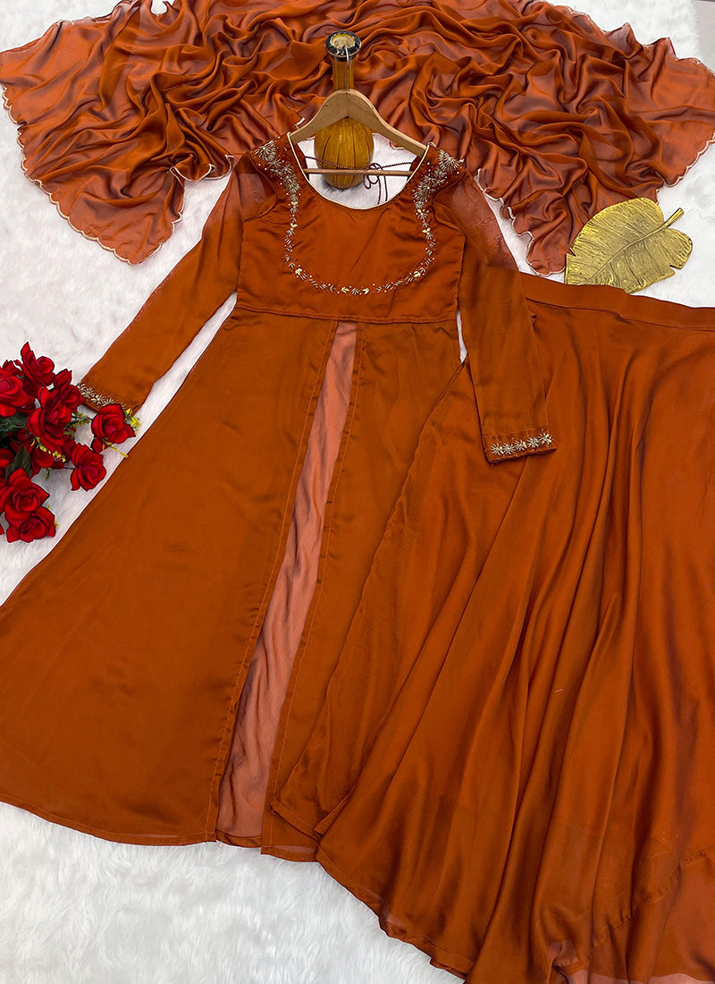Silk Rust Orange Party Wear Embroidery Work Readymade Western Suit 386897