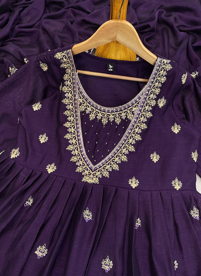 Vichitra Silk Violet Festival Wear Sequins Work Readymade Anarkali Suit 386902