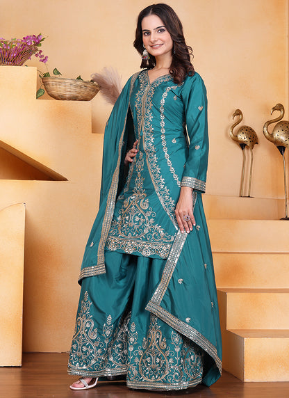 Crepe Teal Green Wedding Wear Embroidery Work Readymade Plazzo Suit 387670