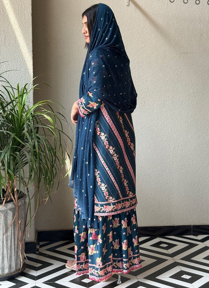 Rayon Blue Festival Wear Printed Work Readymade Plazzo Suit 387192