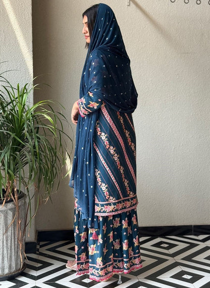 Rayon Blue Festival Wear Printed Work Readymade Plazzo Suit 387192