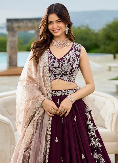 Satin Silk Wine Wedding Wear Heavy Embroidery Readymade Lehenga Choli