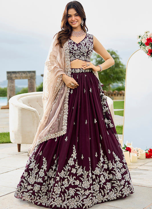 Satin Silk Wine Bridal Wear Heavy Embroidery Readymade Lehenga Choli