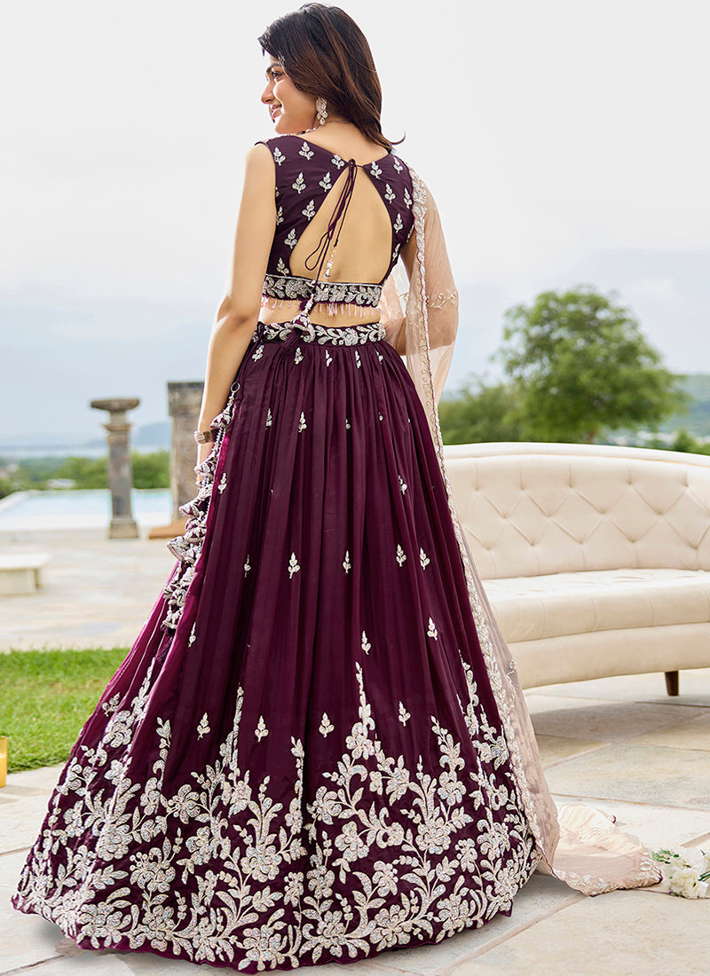 Satin Silk Wine Wedding Wear Heavy Embroidery Readymade Lehenga Choli
