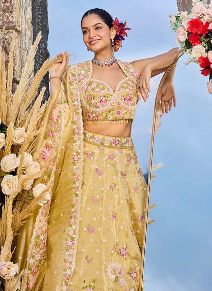 Organza Mustard Yellow Bridal Wear Heavy Embroidery Readymade Lehenga Choli