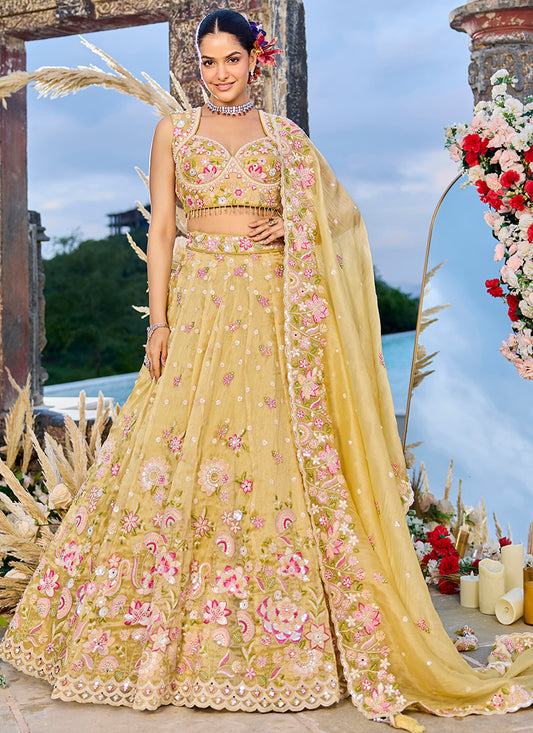 Organza Mustard Yellow Bridal Wear Heavy Embroidery Readymade Lehenga Choli