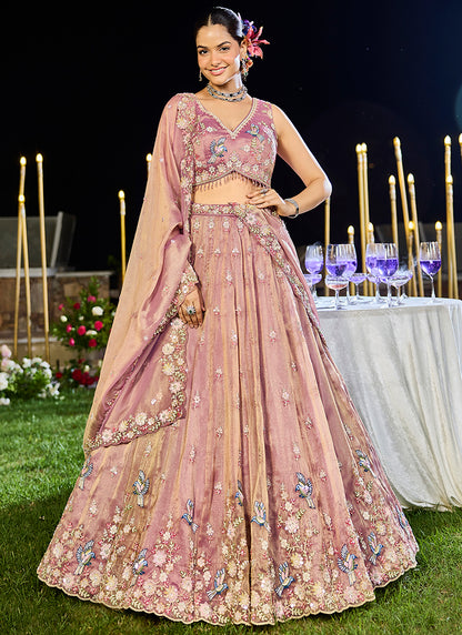 Tissue Vintage Dusty Rose Wedding Wear Embroidery Work Readymade Lehenga Choli