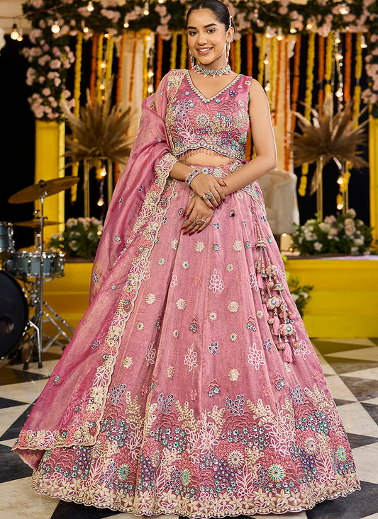 Satin Silk Light Pink Bridal Wear Heavy Embroidery Readymade Lehenga Choli