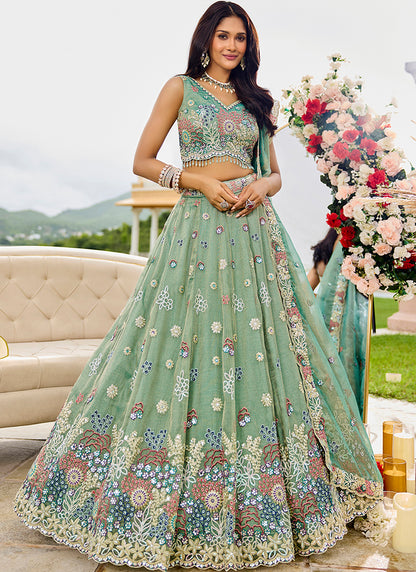 Satin Silk Pastel Green Bridal Wear Embroidery Work Readymade Lehenga Choli