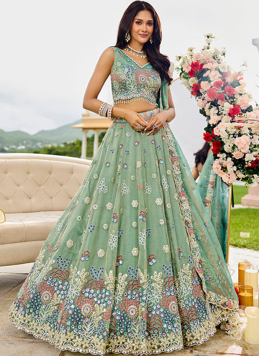 Satin Silk Pastel Green Bridal Wear Embroidery Work Readymade Lehenga Choli