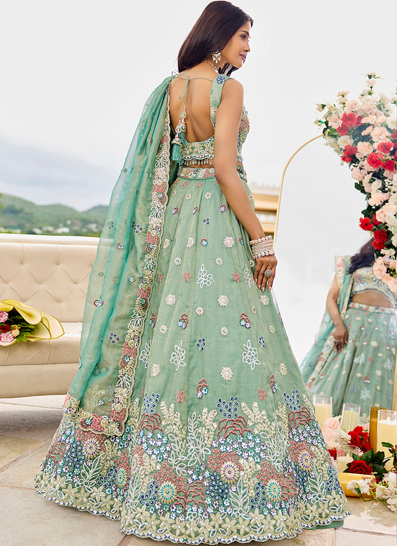 Satin Silk Pastel Green Bridal Wear Embroidery Work Readymade Lehenga Choli