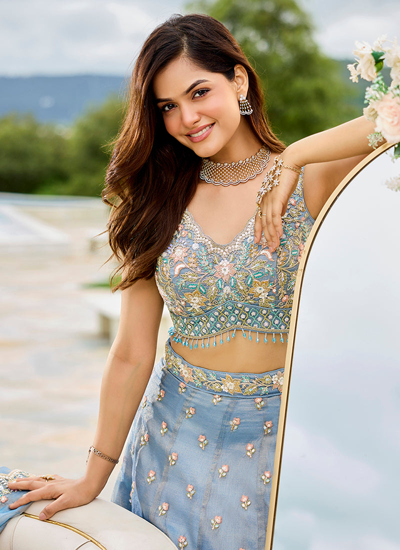 Satin Silk Sky Blue Bridal Wear Heavy Embroidery Readymade Lehenga Choli