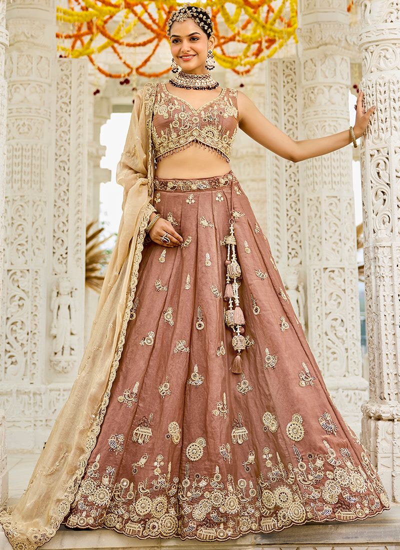 Tissue Dusty Rose Bridal Wear Heavy Embroidery Readymade Lehenga Choli