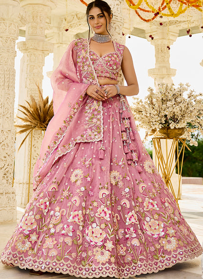 Organza Pink Bridal Wear Heavy Embroidery Readymade Lehenga Choli