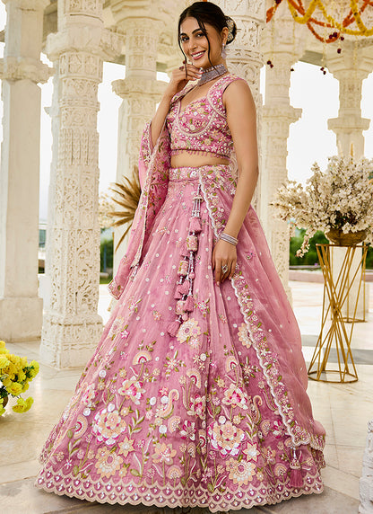 Organza Pink Bridal Wear Heavy Embroidery Readymade Lehenga Choli