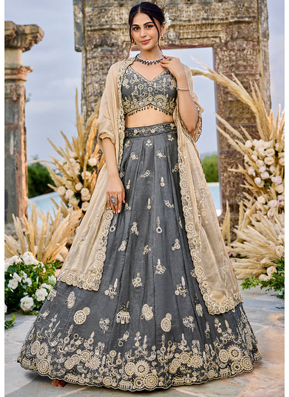Tissue Dark Grey Wedding Wear Heavy Embroidery Readymade Lehenga Choli