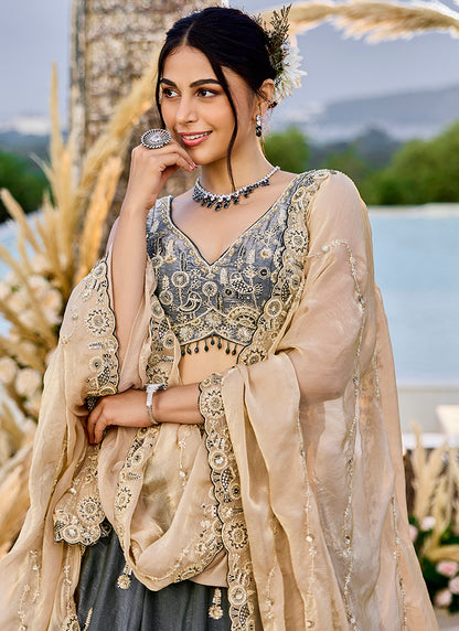 Tissue Dark Grey Wedding Wear Heavy Embroidery Readymade Lehenga Choli