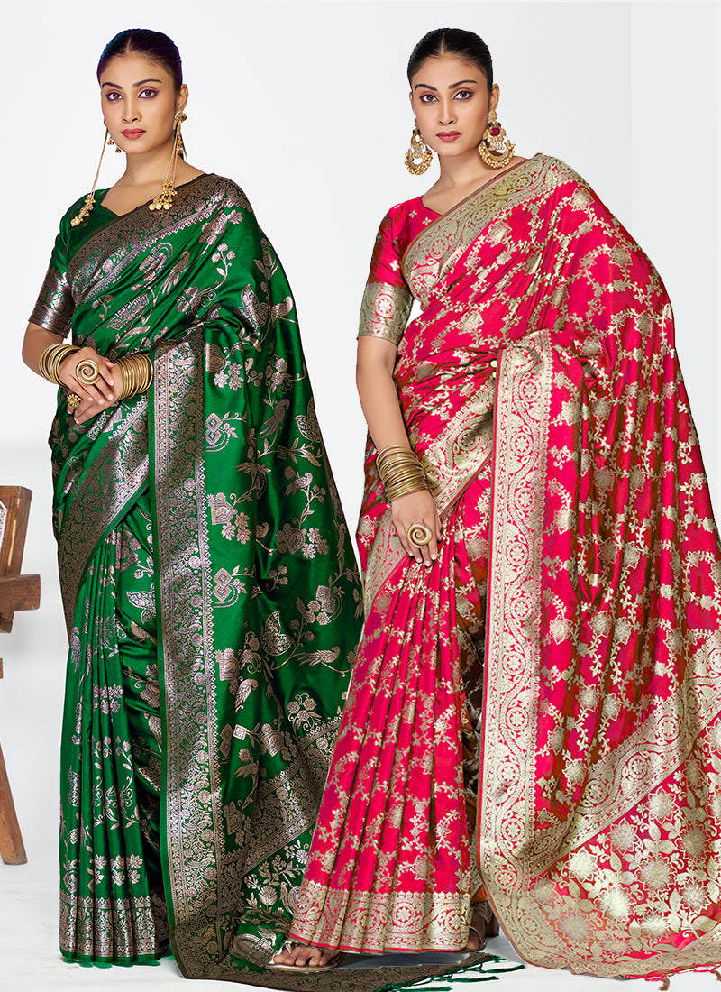 Deluxe Banarasi Silk Saree Combo Set Showcasing Fine Zari Artistry
