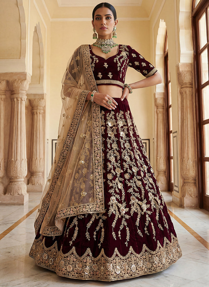 Velvet Maroon Wedding Wear Embroidery Work Lehenga Choli 390684