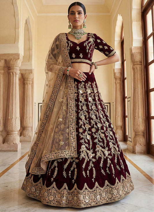 Velvet Maroon Wedding Wear Embroidery Work Lehenga Choli 390684