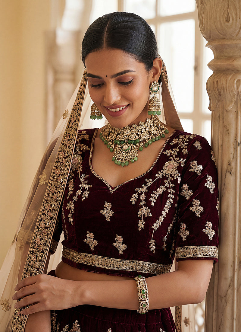 Velvet Maroon Wedding Wear Embroidery Work Lehenga Choli 390684