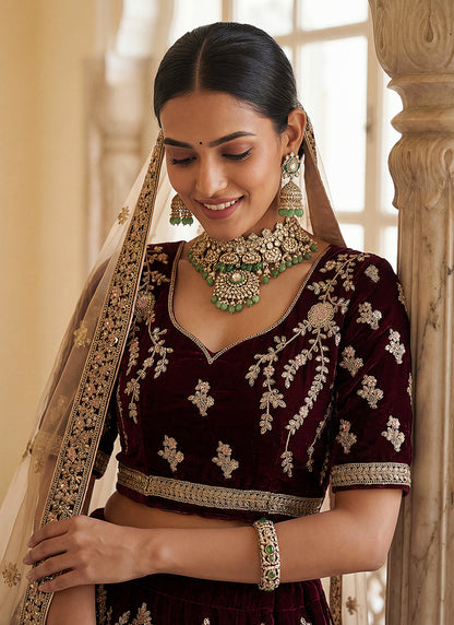 Velvet Maroon Wedding Wear Embroidery Work Lehenga Choli 390684