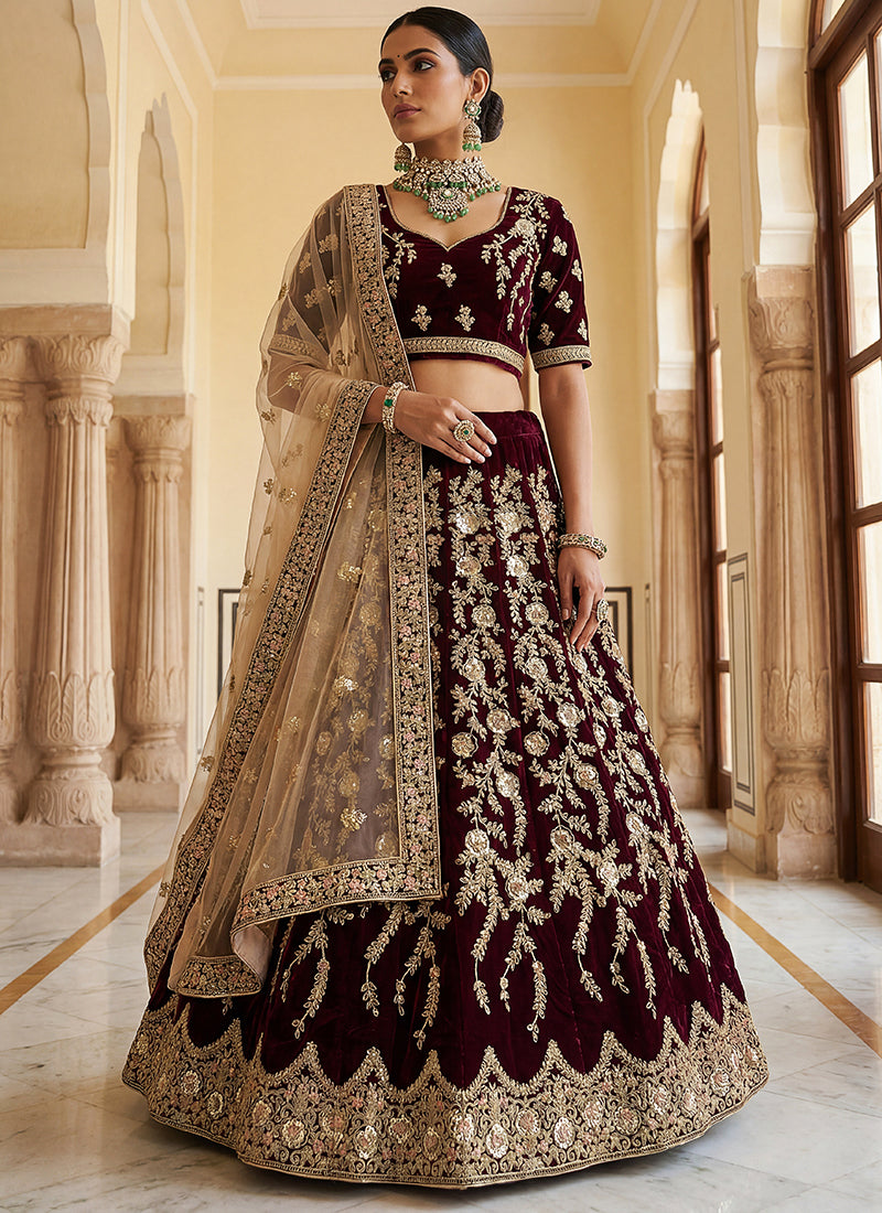 Velvet Maroon Wedding Wear Embroidery Work Lehenga Choli 390684
