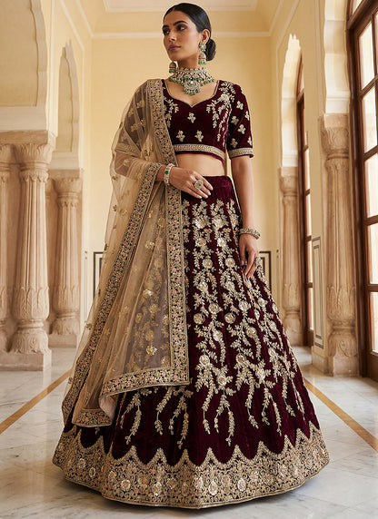 Velvet Maroon Wedding Wear Embroidery Work Lehenga Choli 390684