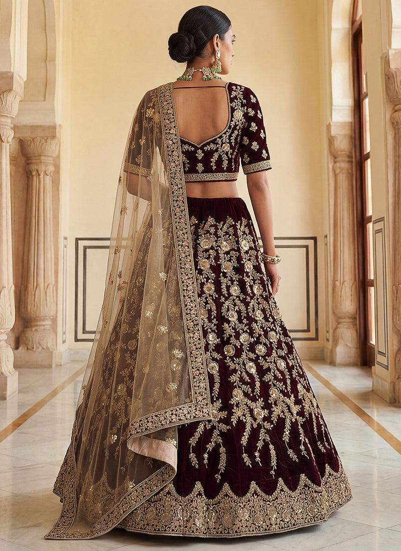 Velvet Maroon Wedding Wear Embroidery Work Lehenga Choli 390684