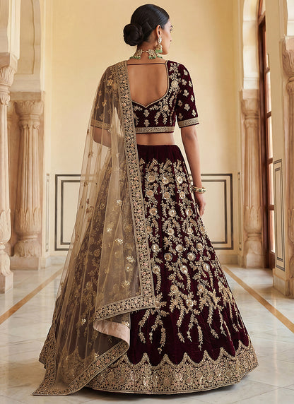 Velvet Maroon Wedding Wear Embroidery Work Lehenga Choli 390684
