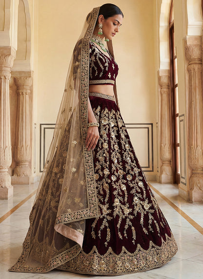 Velvet Maroon Wedding Wear Embroidery Work Lehenga Choli 390684