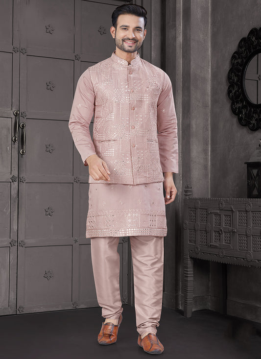Viscose Pink Festive Wear Embroidery Work Readymade Kurta Pajama