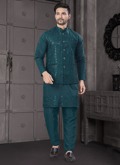 Viscose Rama Festive Wear Embroidery Work Readymade Kurta Pajama